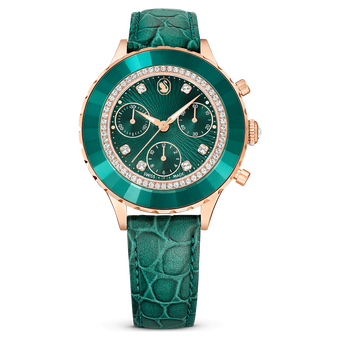 swarovski octea chrono watch  swiss made  leather strap  green  rose gold tone finish