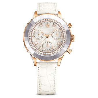 swarovski octea chrono watch  swiss made  leather strap  white  rose gold tone finish